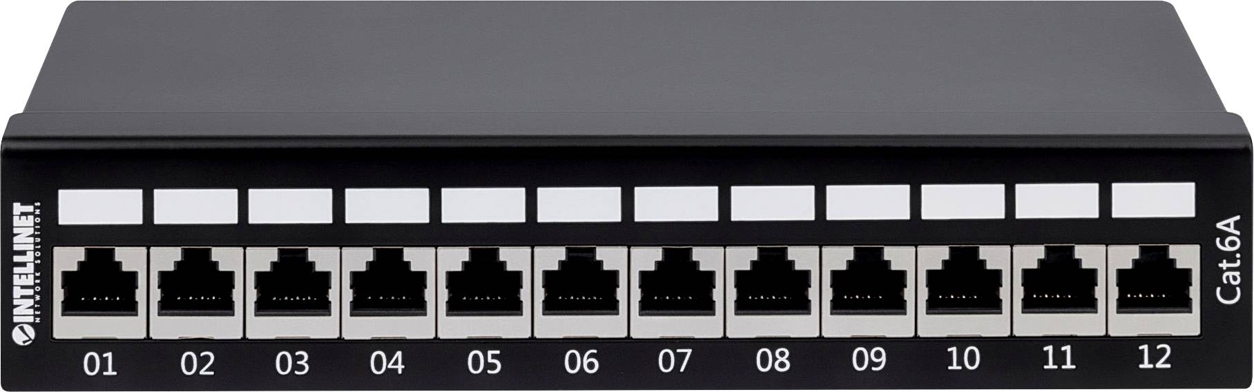 Een patchpanel met 12 Ethernet-poorten, gemarkeerd van 01 tot 12, voor de organisatie en aansluiting van netwerkkabels.