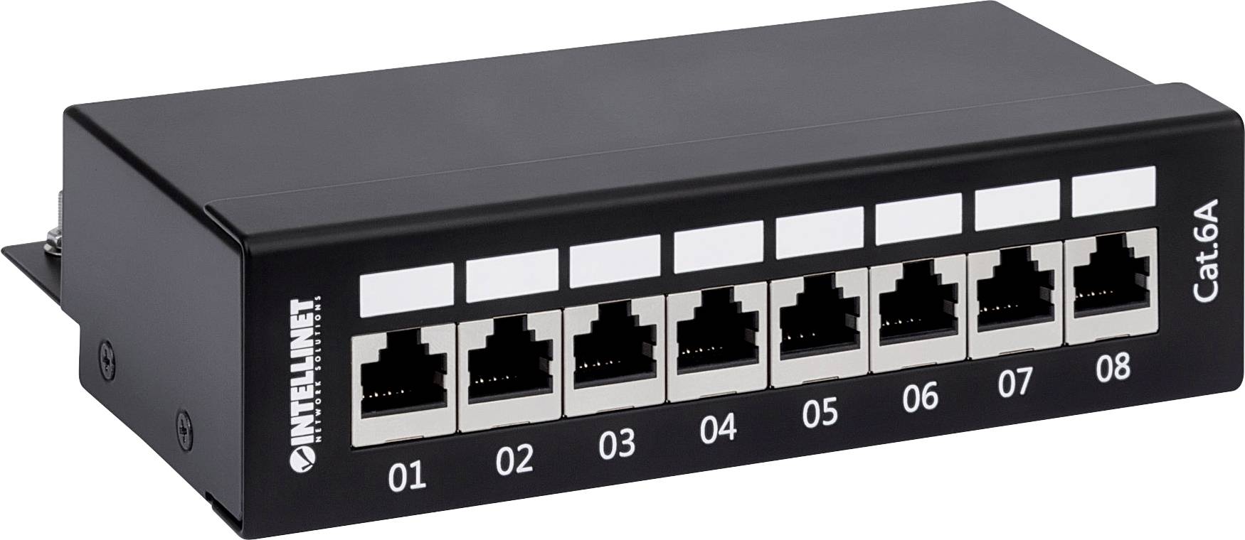 Zwart patchpanel met acht Ethernet-poorten, genummerd van 01 tot 08. Rechts staat 'Cat6A'.