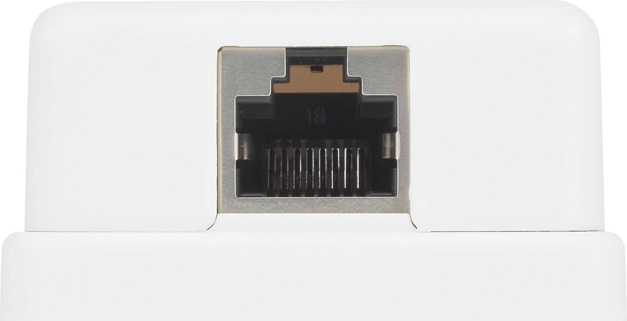 Witte connector met Ethernet-aansluiting, close-up.