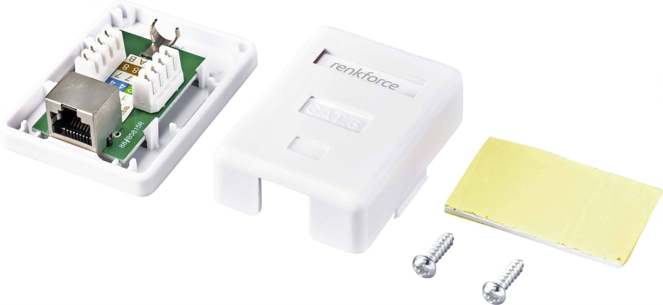 Netwerkaansluiting met open behuizing, toont interne bedrading. Ernaast twee schroeven en een gele plakoppervlakte.