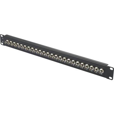 Patchpanel met 24 BNC-aansluitingen op een rij. Het dient voor de organisatie en aansluiting van videokabels in een netwerk.