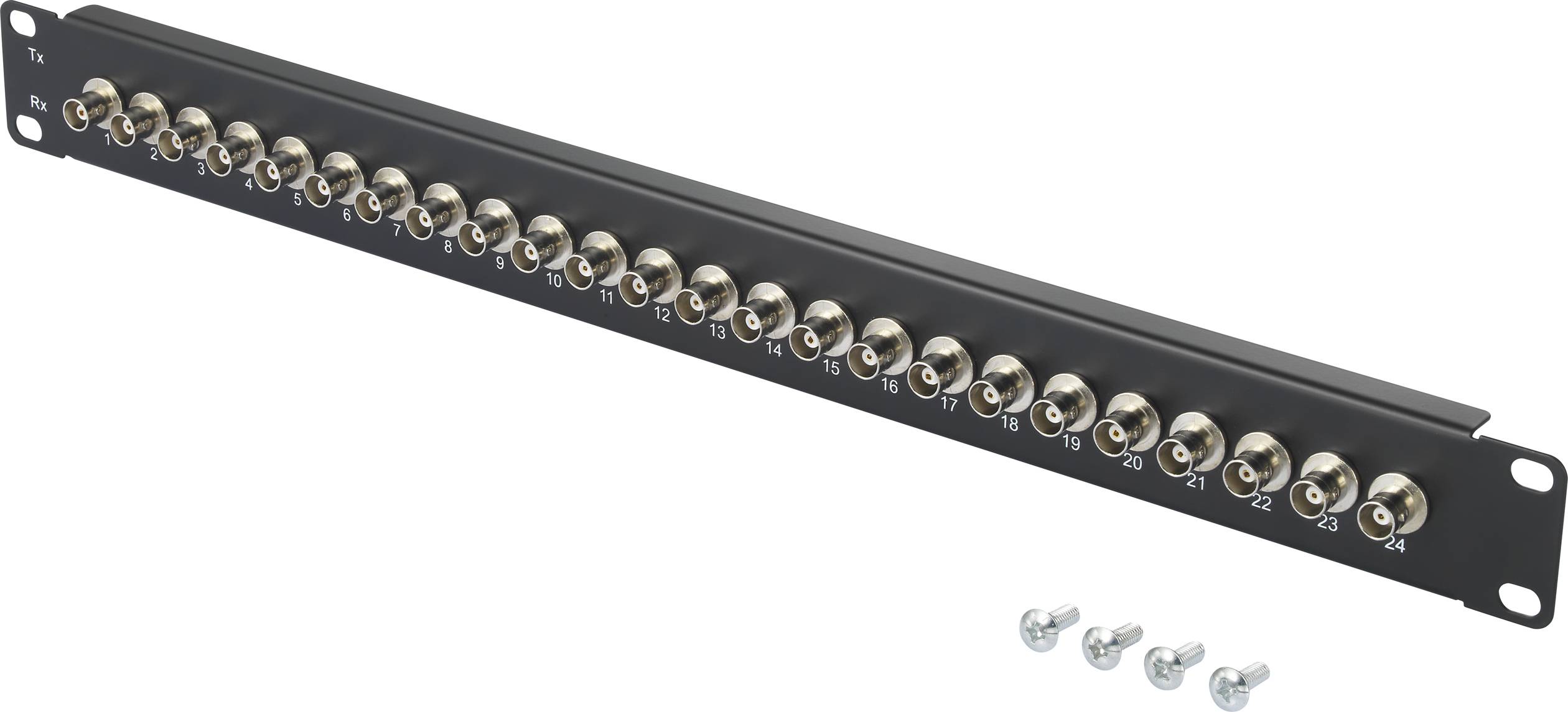 Een zwart 24-poorts BNC-patchpanel met genummerde aansluitingen en vier zilveren schroeven eronder.