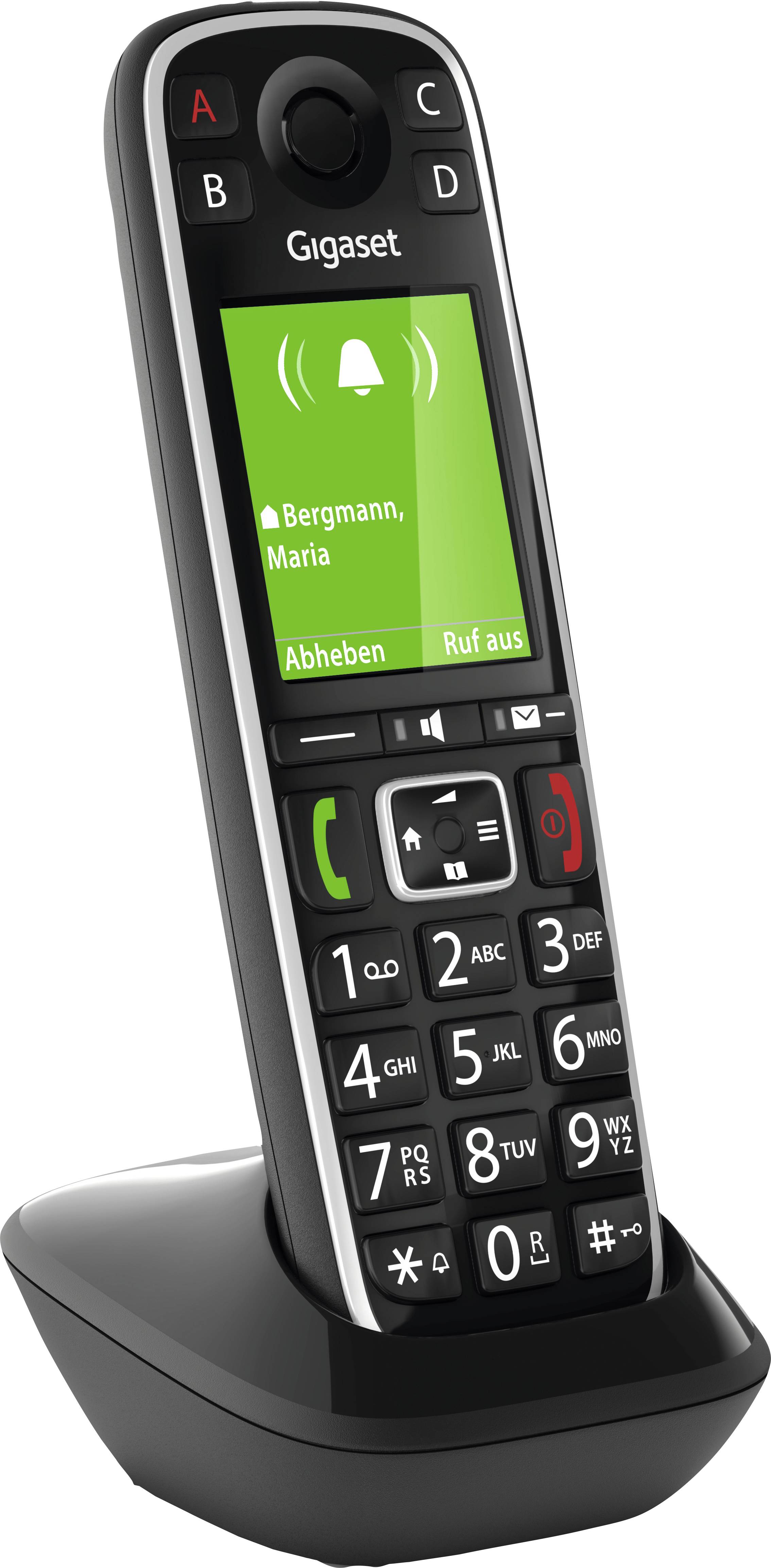 Draadloze telefoon met verlicht display toont 'Bergmann, Maria'. Toetsen A-D, luidsprekerfuncties 'Opnemen' en 'Oproep verbreken'.