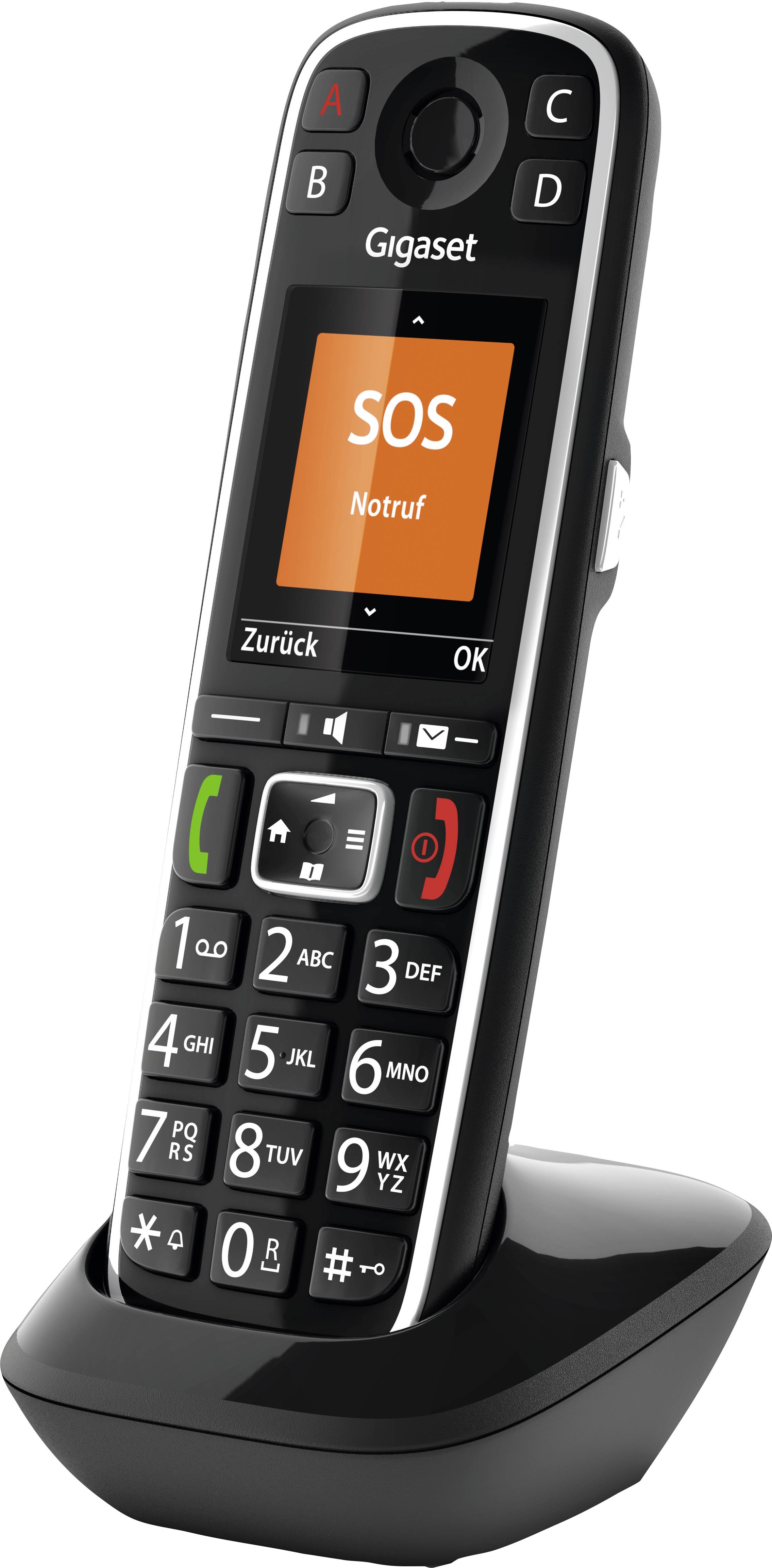 Draadloze telefoon met groot display toont 'SOS noodoproep'. Toetsen zijn groot en duidelijk. In laadstation.