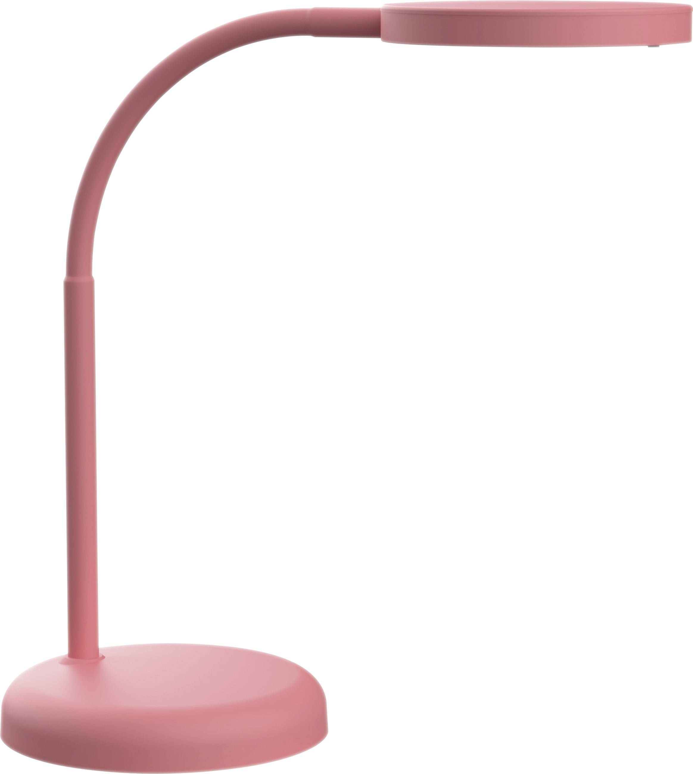 Een roze bureaulamp met een ronde voet en een flexibele hals, ideaal voor bureauverlichting.