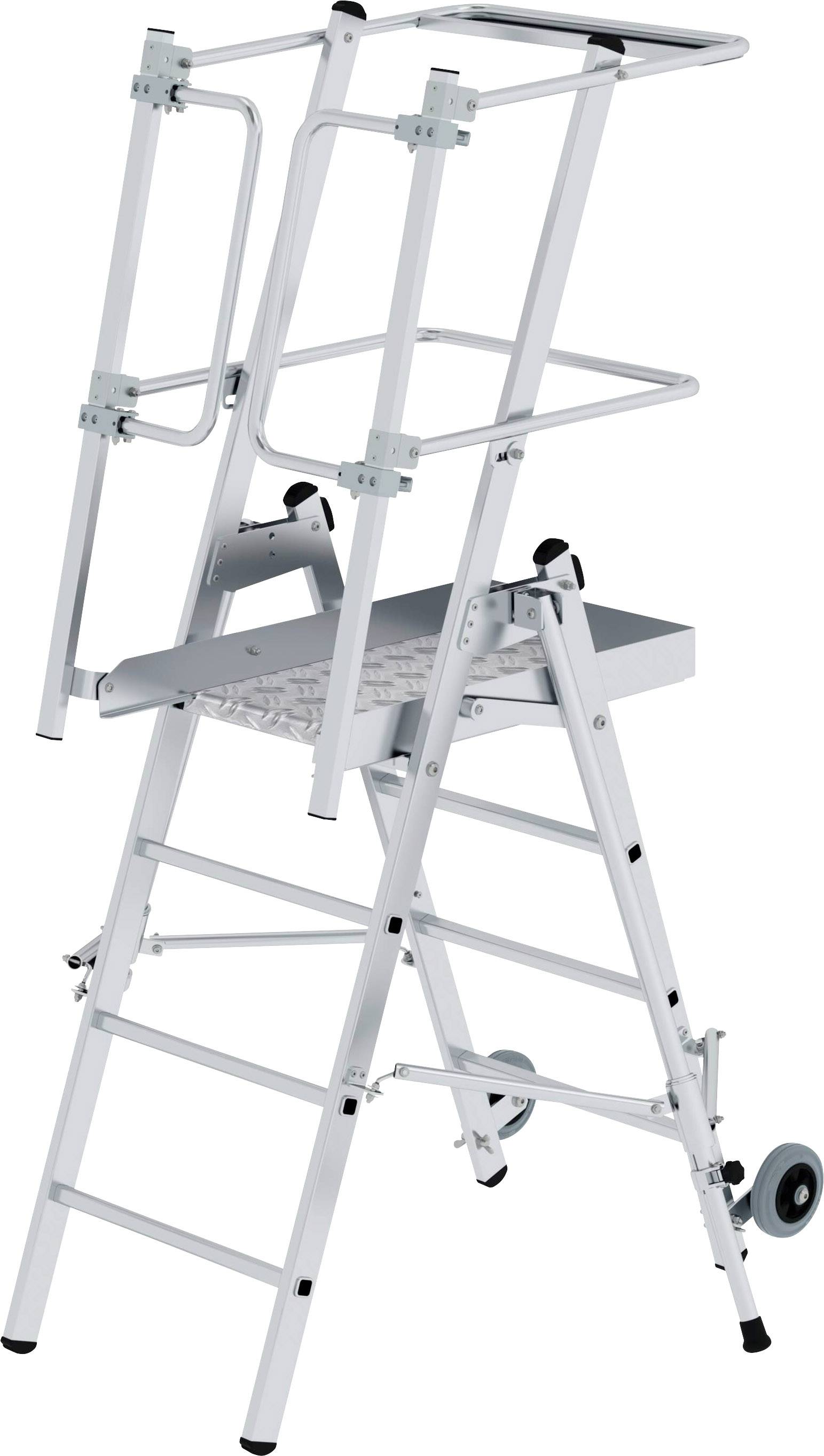 Een opvouwbare aluminium ladder met een platform, voorzien van veiligheidshekjes en wielen voor gemakkelijk transport.