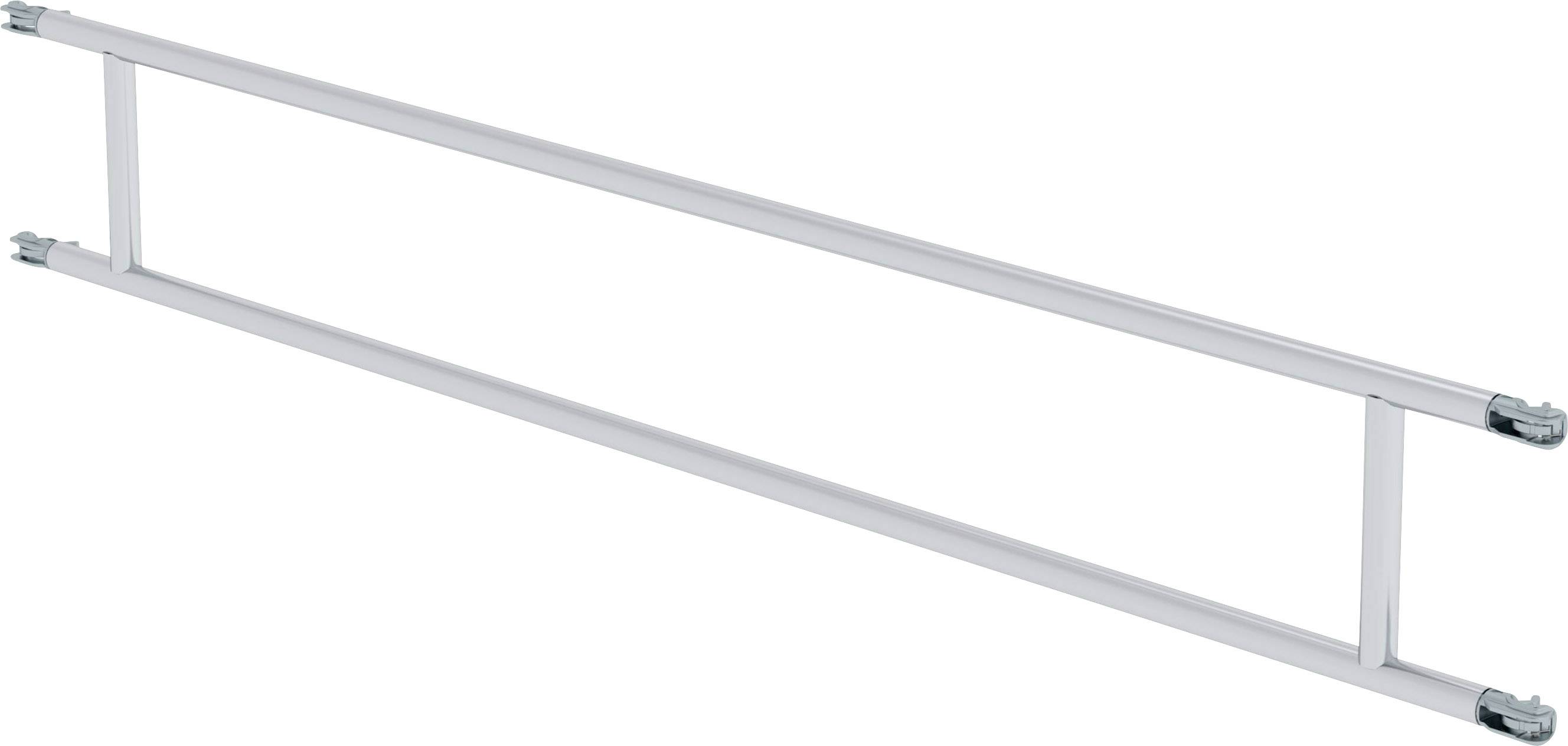 Metalen leuning, wit, horizontaal lopend, met twee parallelle stangen en vier bevestigingspunten in de hoeken.