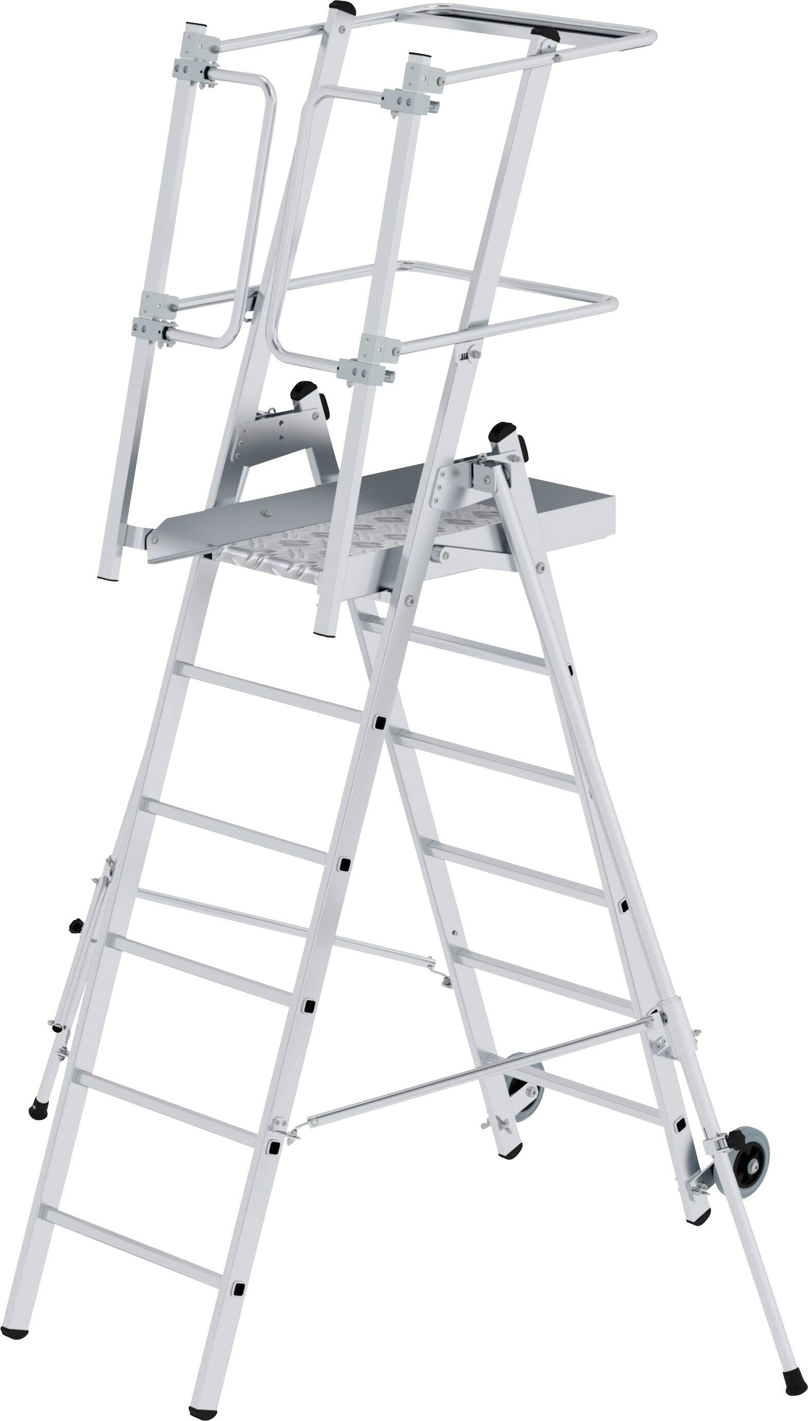 Een opvouwbare, witte veiligheidsladder met platform en beschermende leuning, geschikt voor werkzaamheden op hoogte.