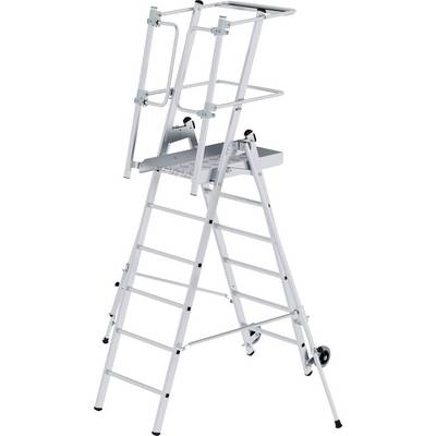 Een opvouwbare, witte veiligheidsladder met platform en beschermende leuning, geschikt voor werkzaamheden op hoogte.