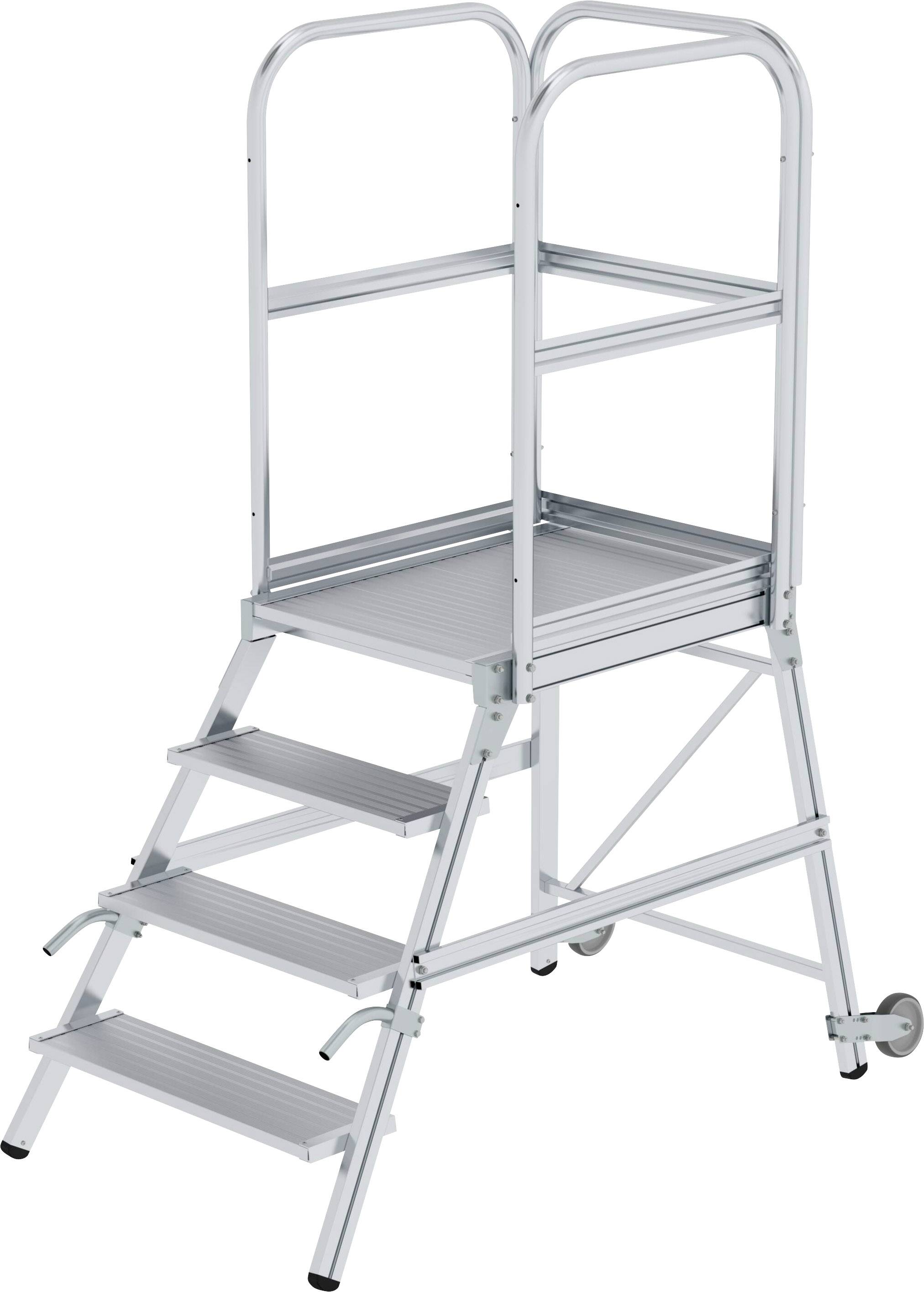 Een zilveren, verrijdbare platformtrap met vier treden en leuning. Geschikt voor veilig werken op verhoogde posities.
