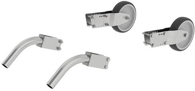 Twee rollen en twee gebogen metalen beugels op een witte achtergrond, mogelijk bedoeld voor bevestiging of gebruik bij een apparaat.