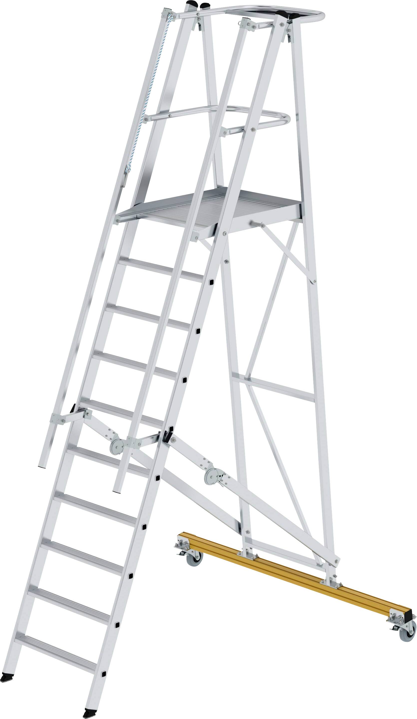 Een grote opvouwbare aluminium ladder met veiligheidsklemmen en wielen, ideaal voor werkzaamheden op hoogte, zoals schilderen of reparaties.