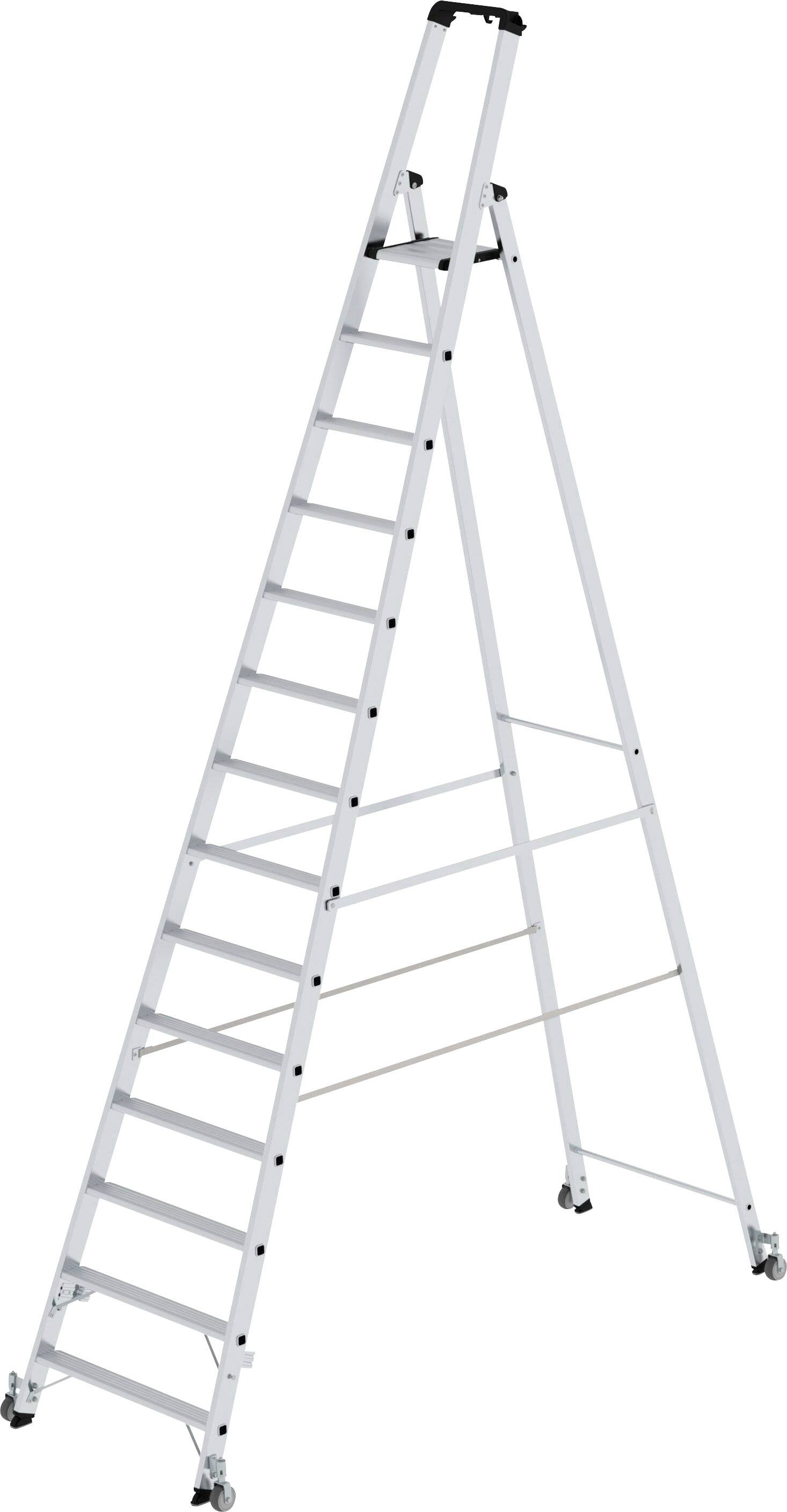 Een hoge, witte aluminium ladder met twaalf treden en antislipvoeten staat rechtop tegen een lichte achtergrond.