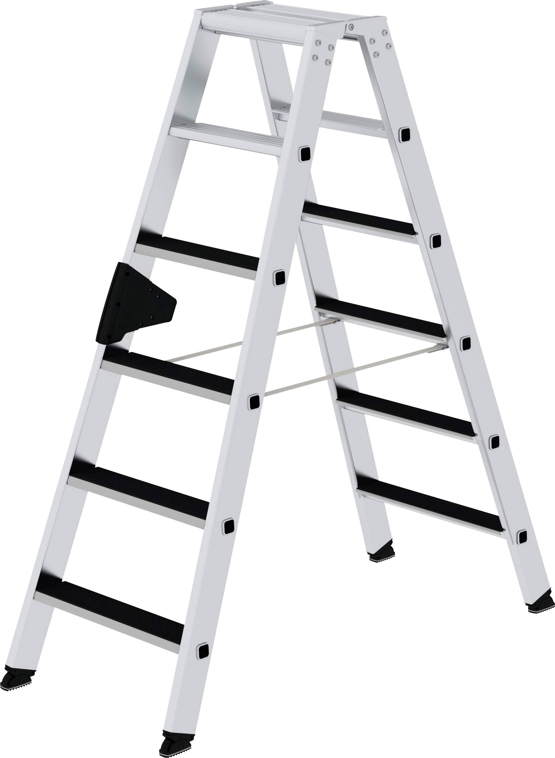 Een zilveren, opvouwbare aluminium ladder staat rechtop. Hij heeft zes sporten aan elke kant en is geschikt voor gebruik binnens- en buitenshuis.