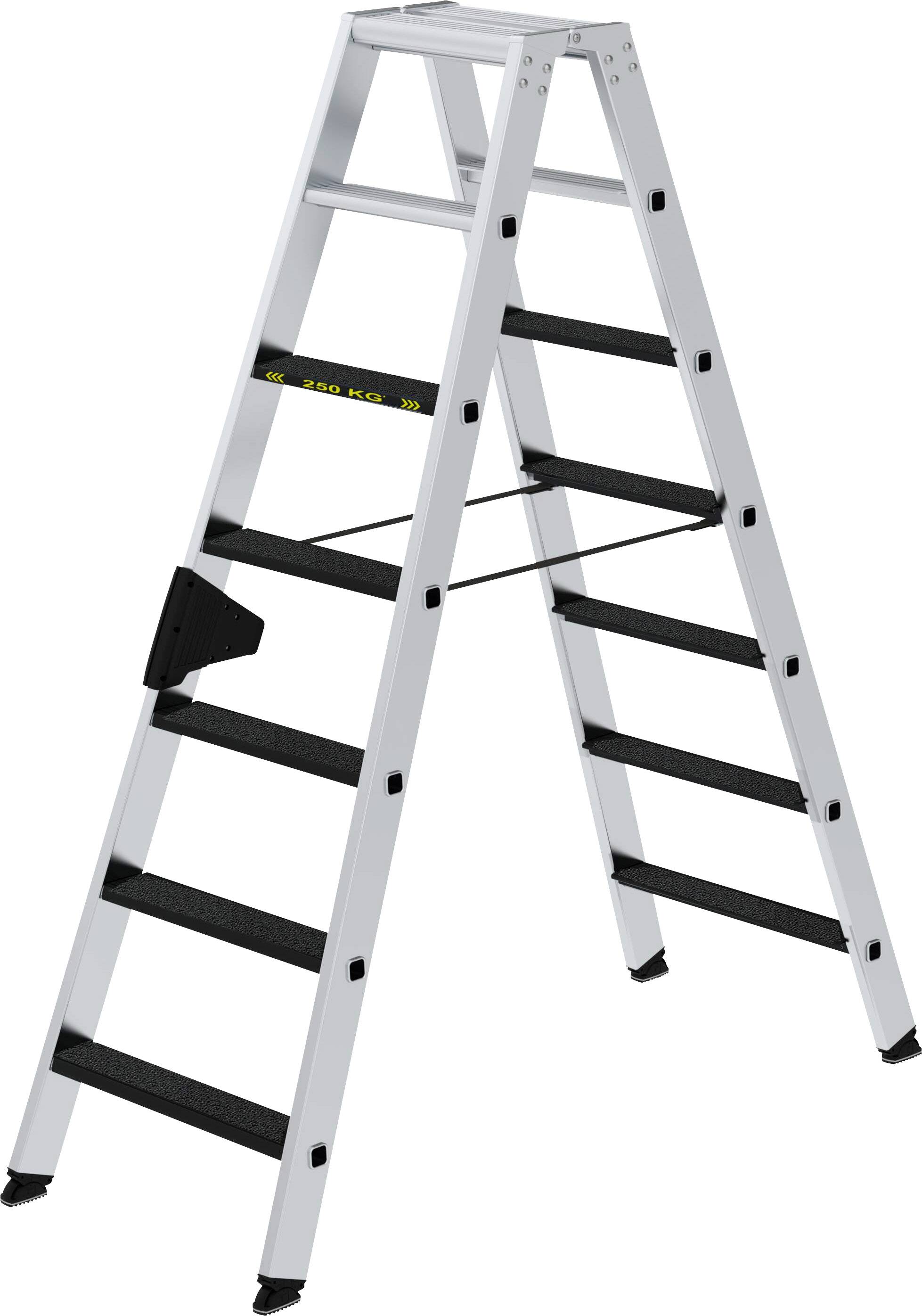 Aluminium ladder, opvouwbaar, met zwarte treden en antislip voeten, geschikt voor binnen- en buitengebruik.