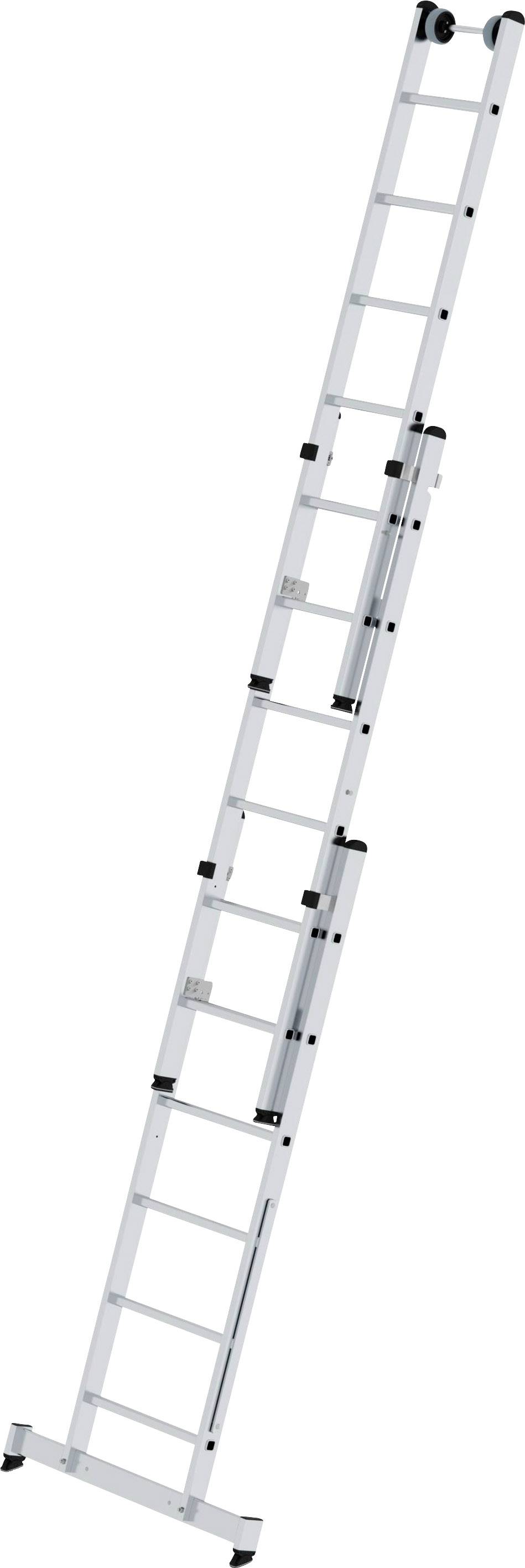 Een zilveren aluminium ladder met meerdere segmenten, die uitgeschoven is. Hij staat schuin en is veelzijdig inzetbaar.