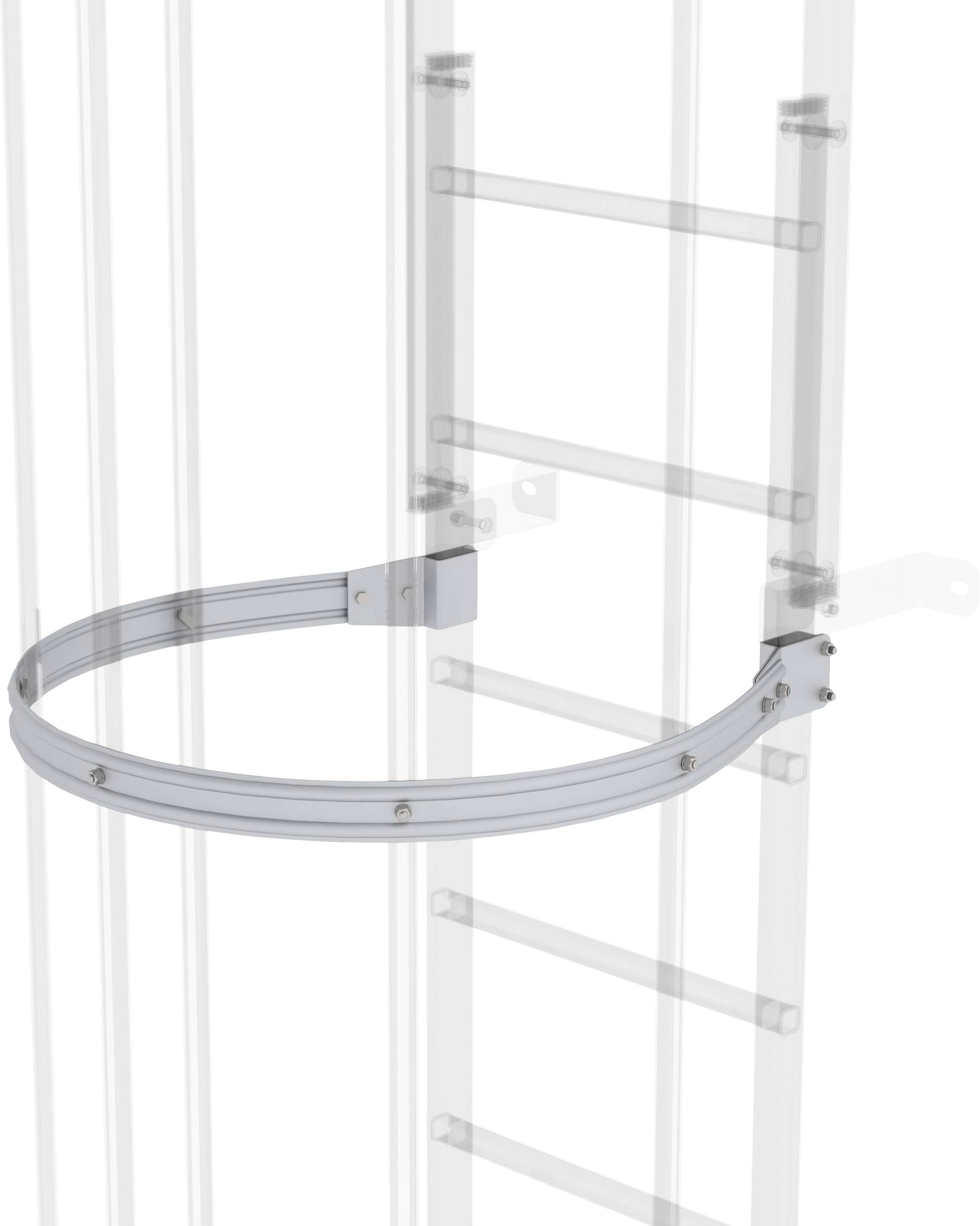 Een rond veiligheidsbeugelstuk dat aan een verticale ladder is bevestigd, biedt extra steun en bescherming tijdens het klimmen.