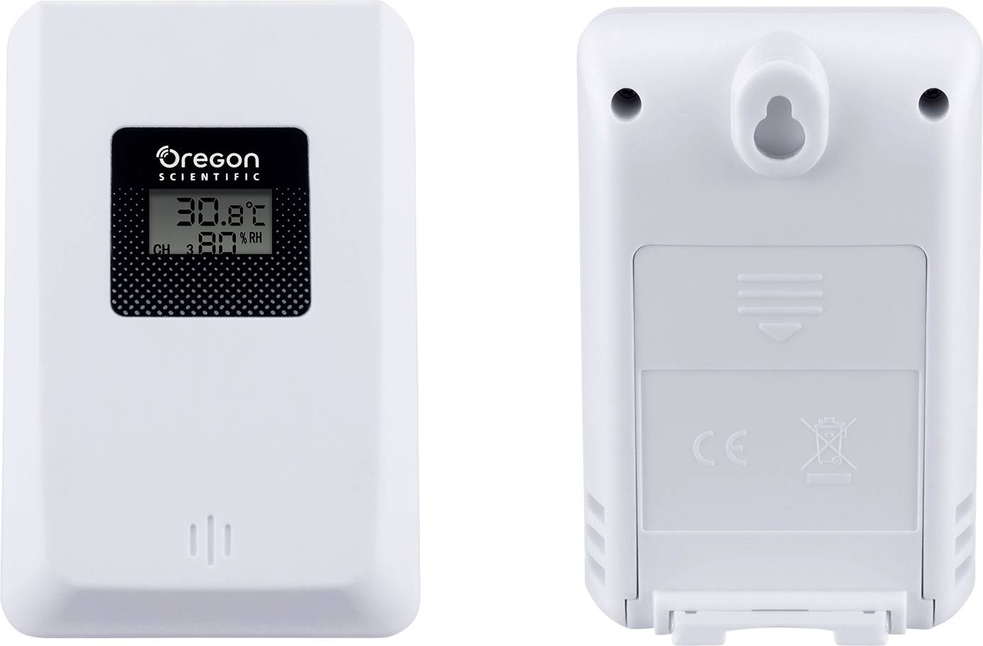 Twee witte, rechthoekige sensorapparaten. Links een display met '30,8°C' en '20:15'. Rechts de achterkant met ophangvoorziening.