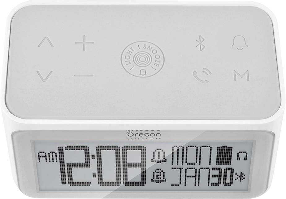 Een digitale wekker toont '12:08'. De datum is maandag, 30 januari. Bovenaan bevinden zich symbolen voor volume, licht en alarm.