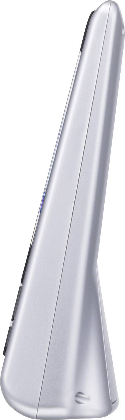 Zilveren, slanke apparaat in zijaanzicht, toont modern design met subtiel logo aan de onderkant.