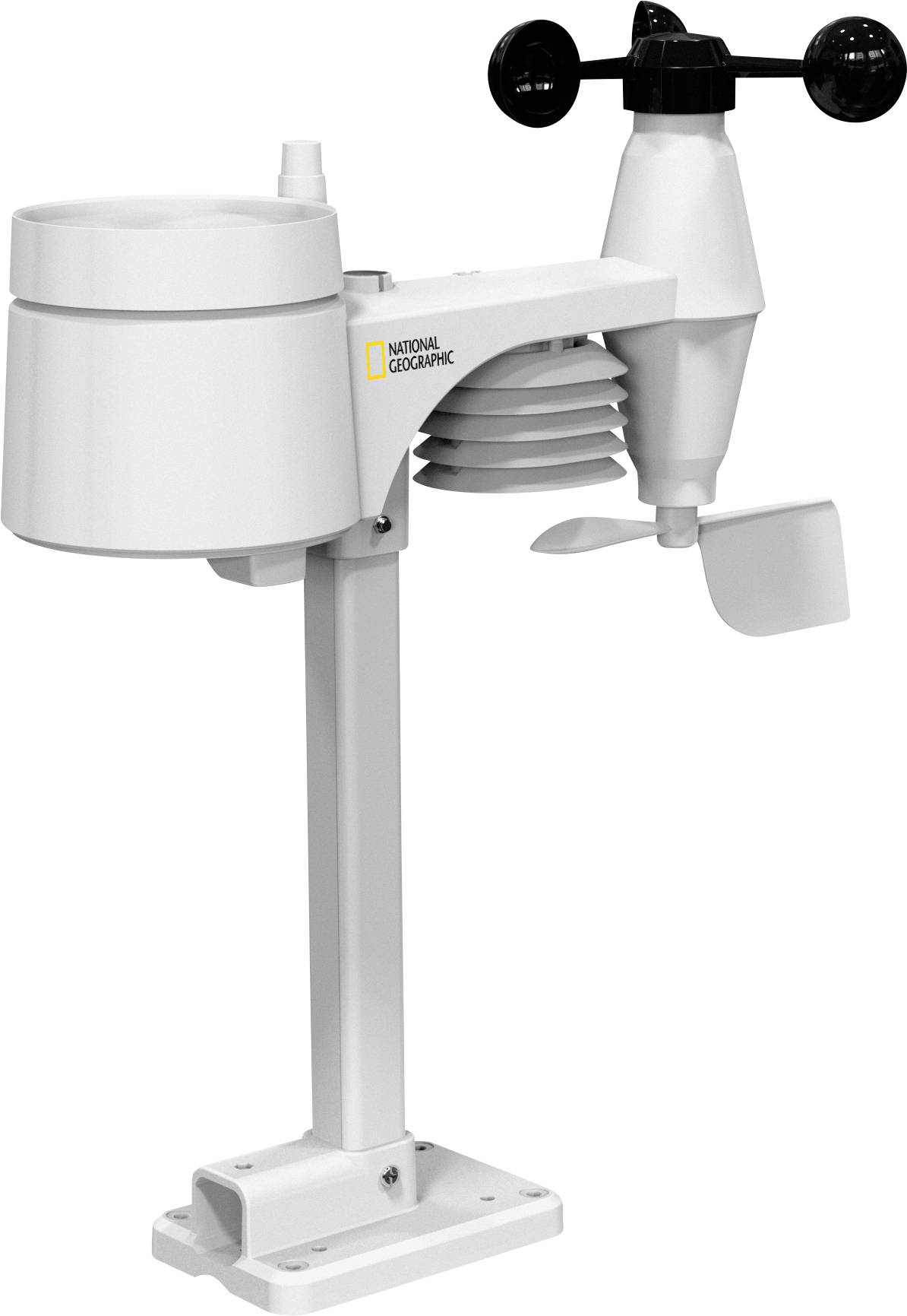 Een witte weersstation met wind-, temperatuur- en regenmeters, gemonteerd op een standaard, met 'National Geographic'-logo.