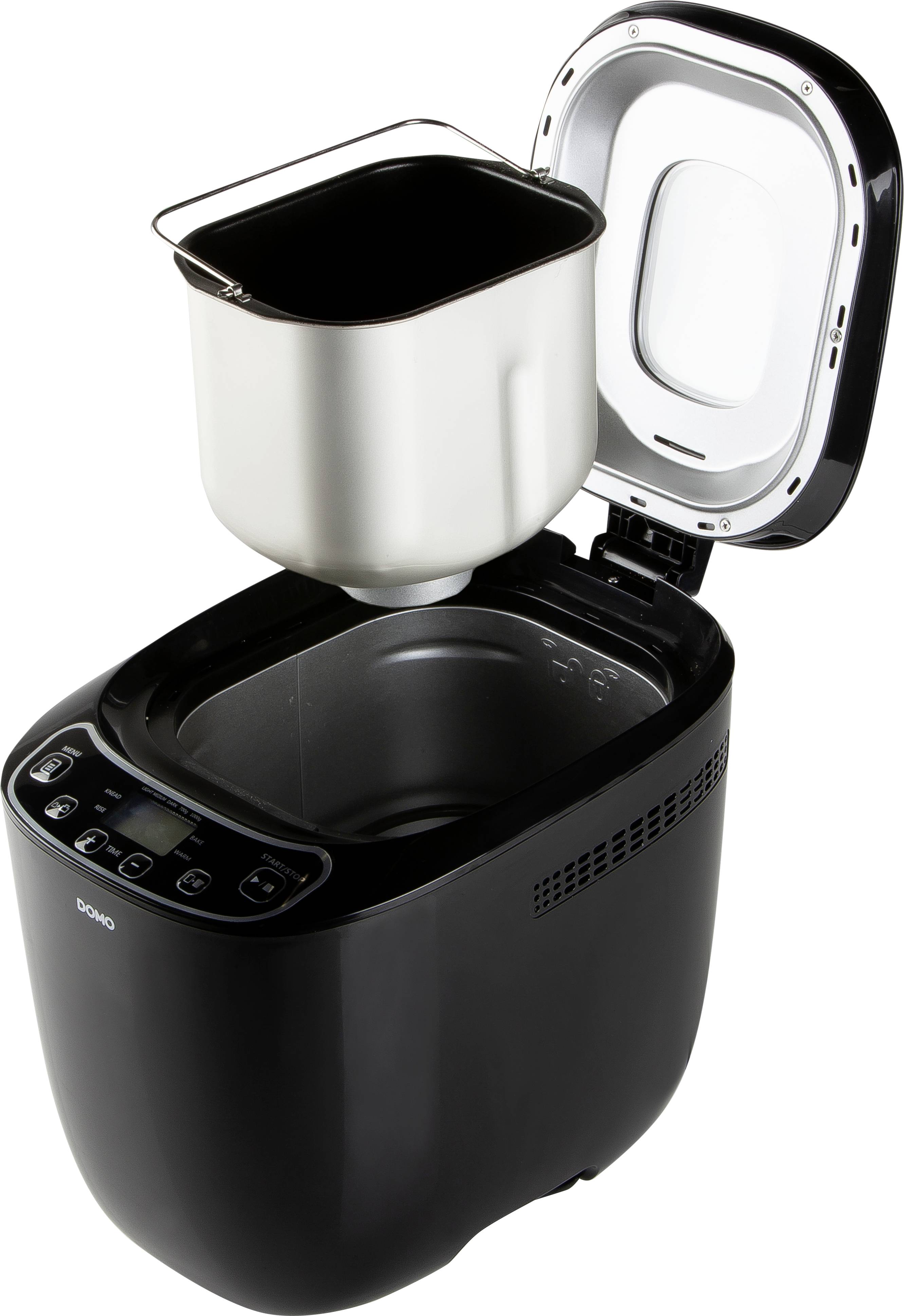 Zwarte broodbakmachine met open deksel en uitneembare bakbak. Hij beschikt over een bedieningspaneel met meerdere toetsen aan de voorkant.