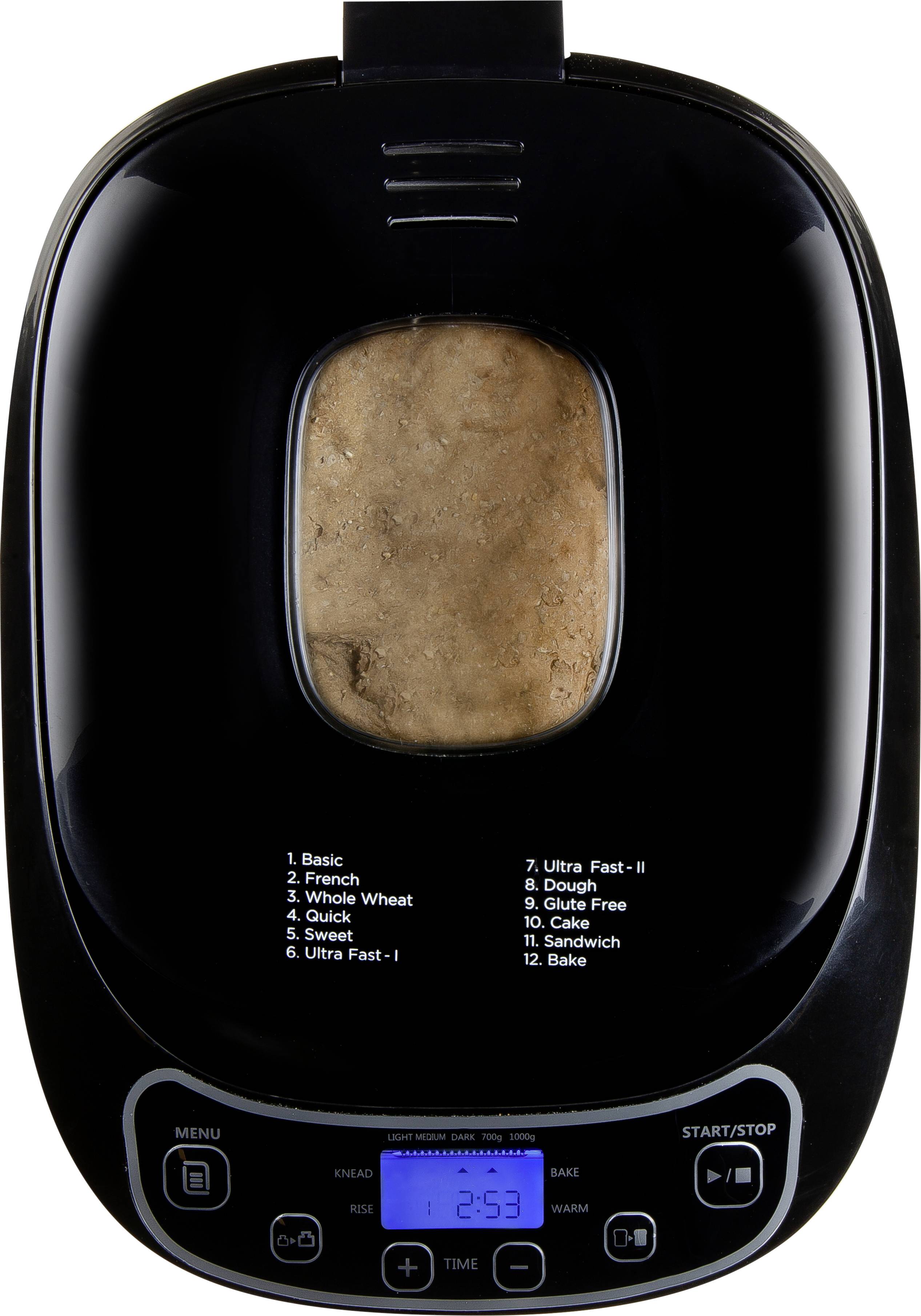 Broodbakmachine met zichtbaar deeg aan de binnenkant. Digitaal display toont "2:53". 12 bakprogramma's, waaronder 'Basic' en 'French'.