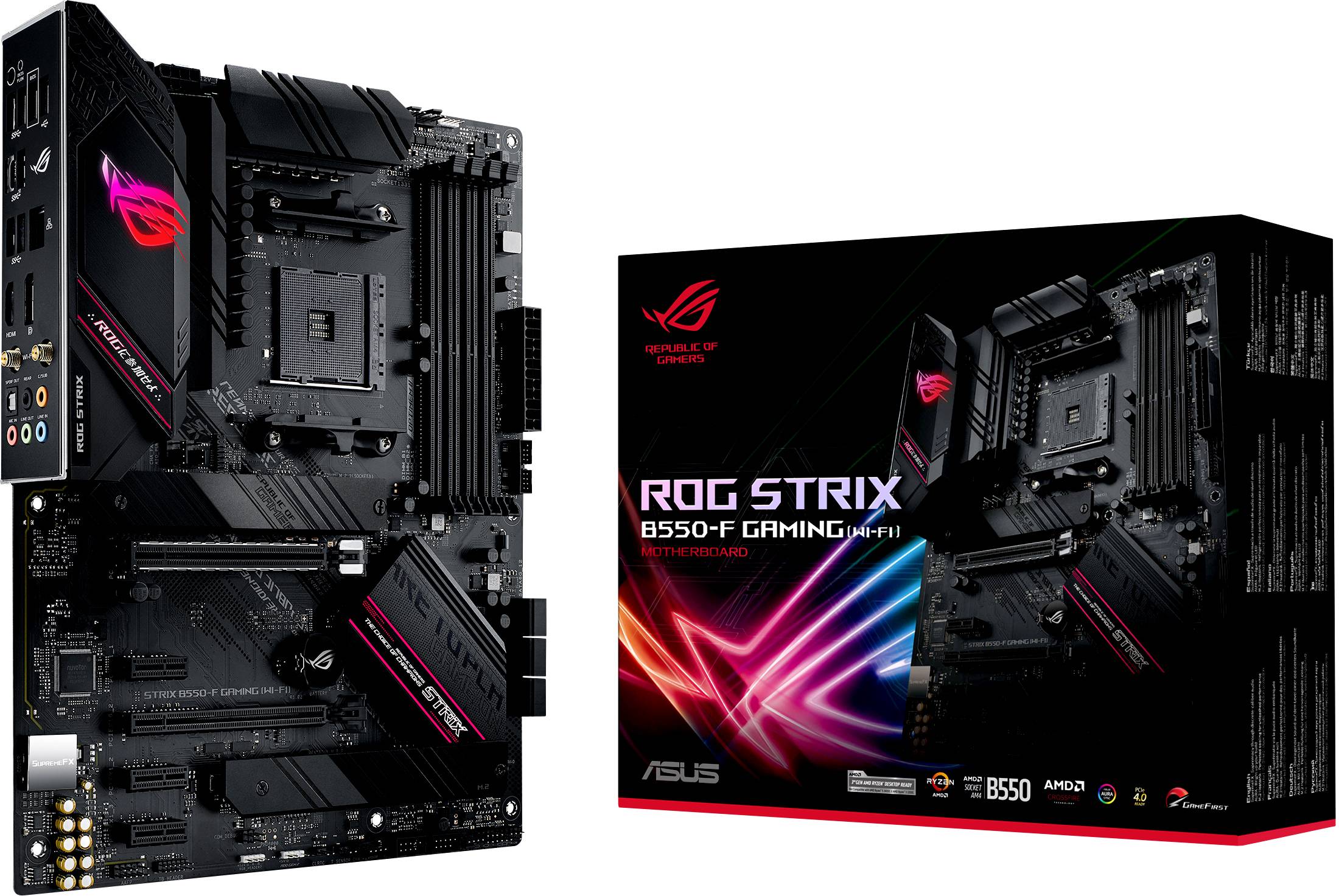 Moederbord ASUS ROG STRIX B550-F Gaming (Wi-Fi) naast de verpakking. Zwart design met rode accenten en een verlicht logo.