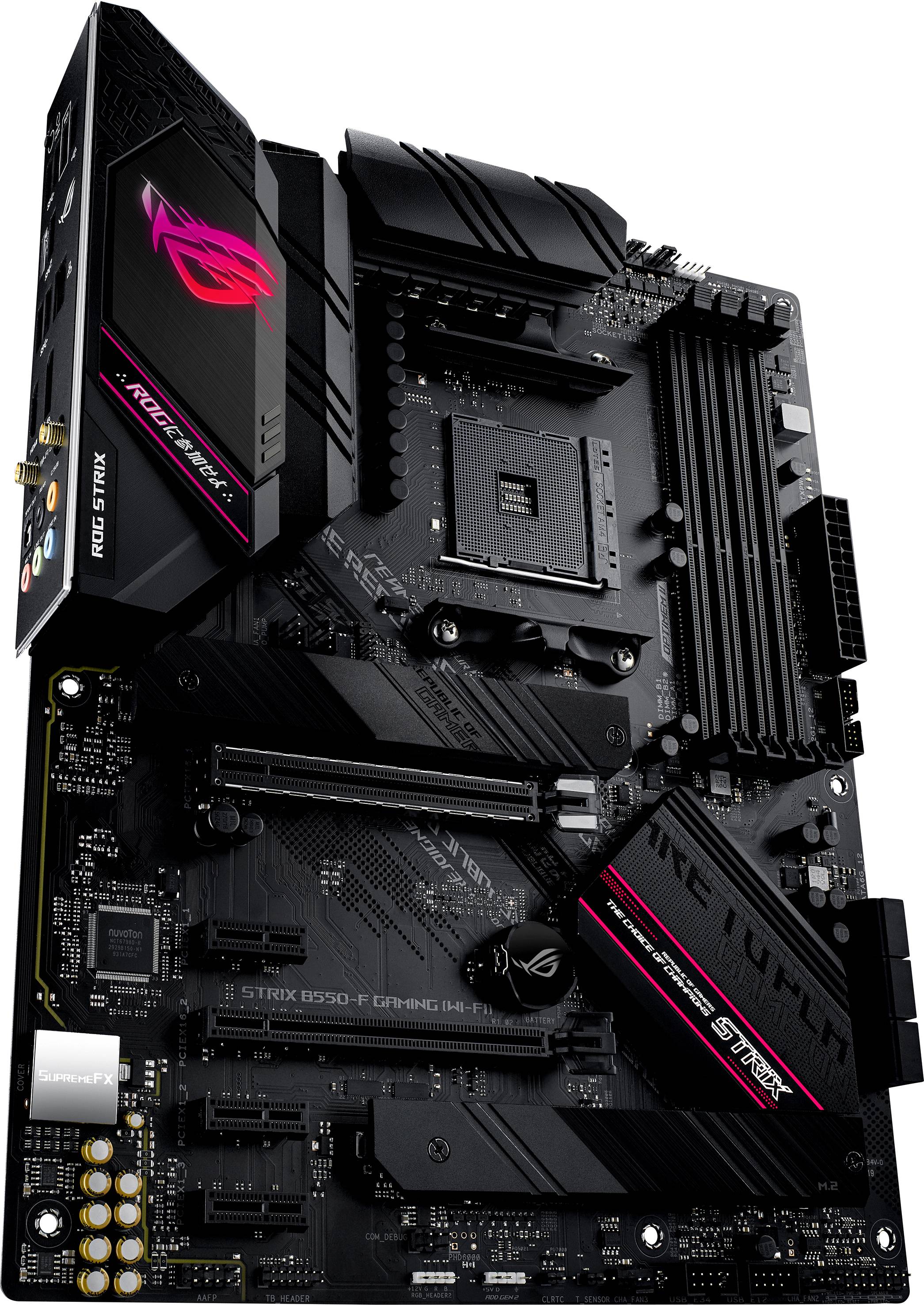 Een zwart computer-moederbord met ASUS-logo. Meerdere sleuven voor RAM en PCIe, evenals aansluitingen zichtbaar.