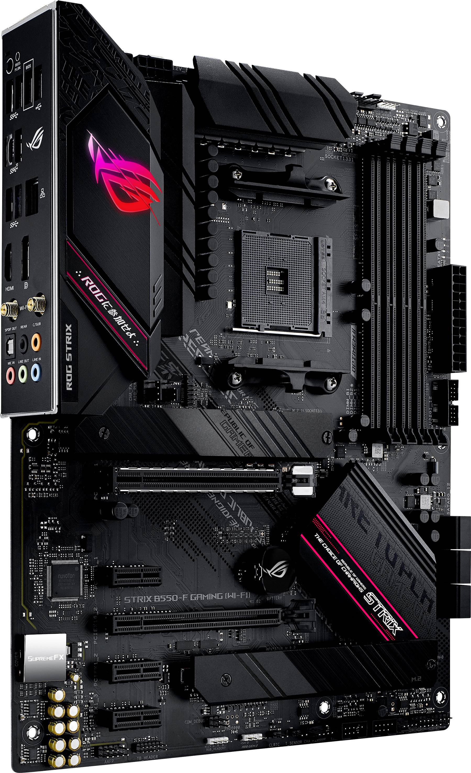 Zwart 'ROG STRIX B550-F' moederbord met rood-zwart design, meerdere aansluitingsmogelijkheden en RGB-verlichting.