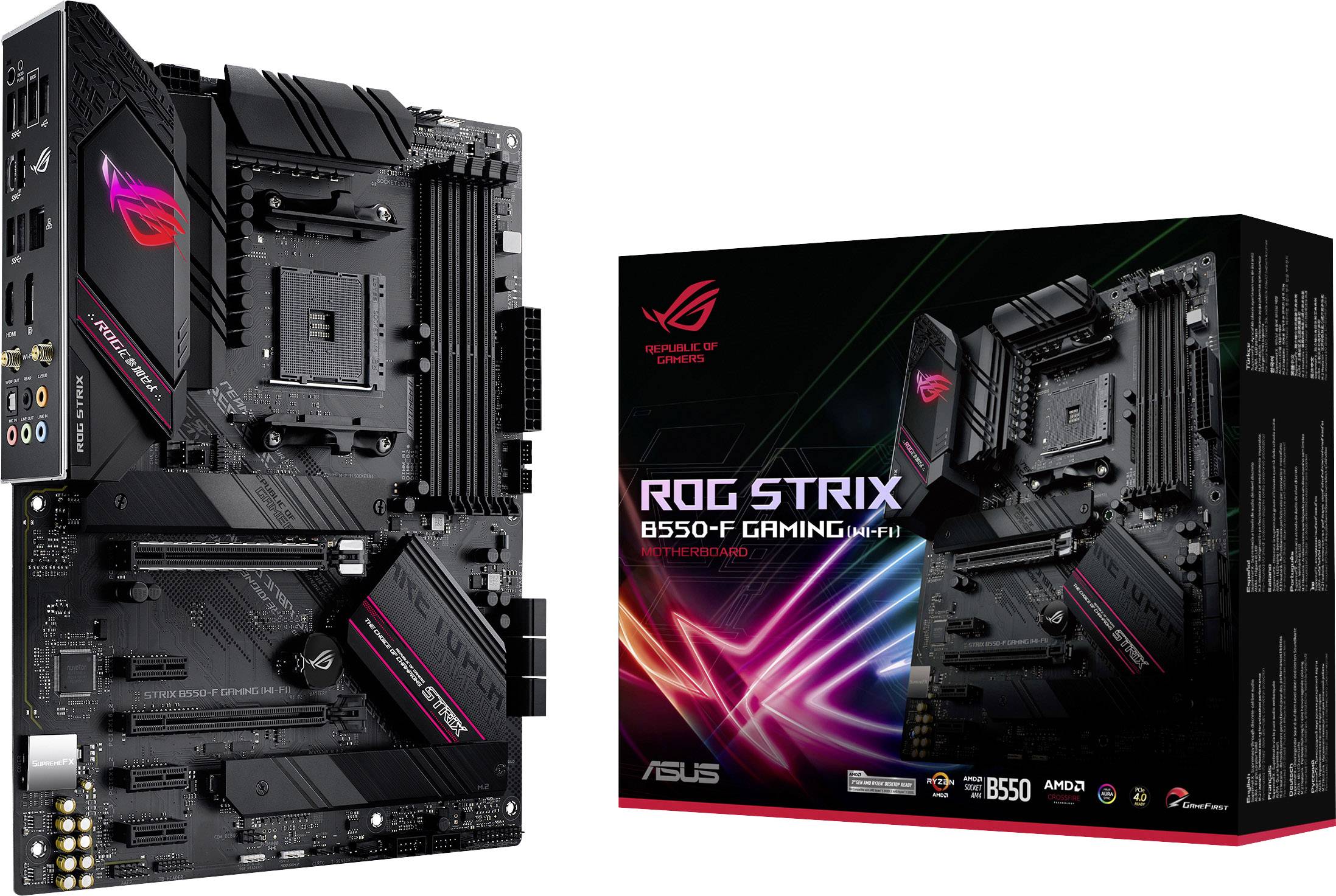 Moederbord ASUS ROG Strix B550-F Gaming; zwart moederbord met gekleurde accenten; verpakking toont productafbeelding en merklogo.