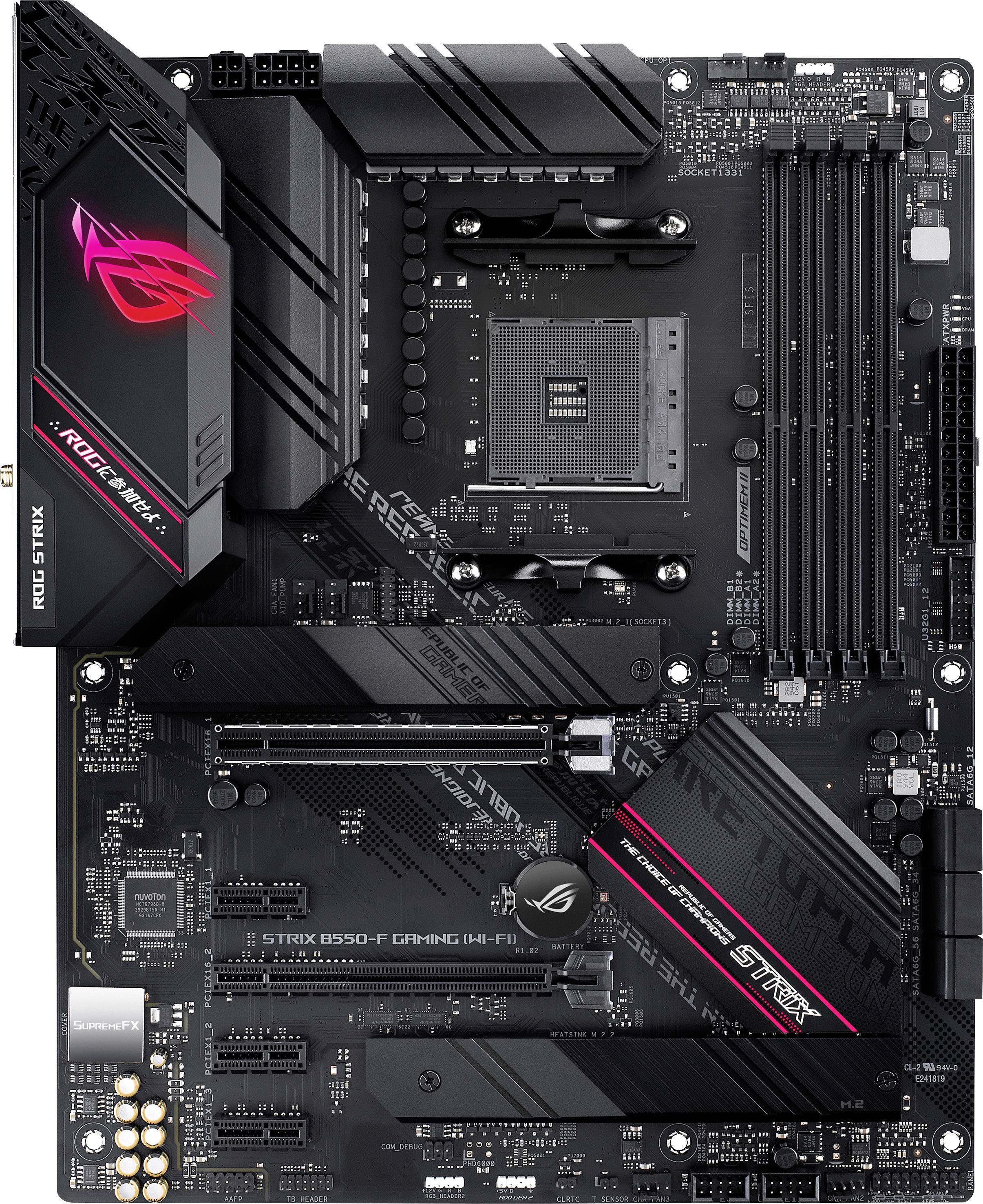 Moederbord ASUS ROG STRIX B550-F Gaming met meerdere PCIe-sleuven, vier RAM-sleuven en ingebouwde RGB-verlichting.