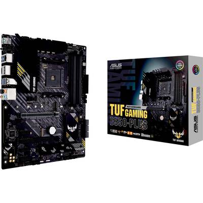 Een ASUS TUF Gaming B550-Plus moederbord naast zijn verpakking. Het moederbord heeft meerdere PCIe-slots en koellichamen.