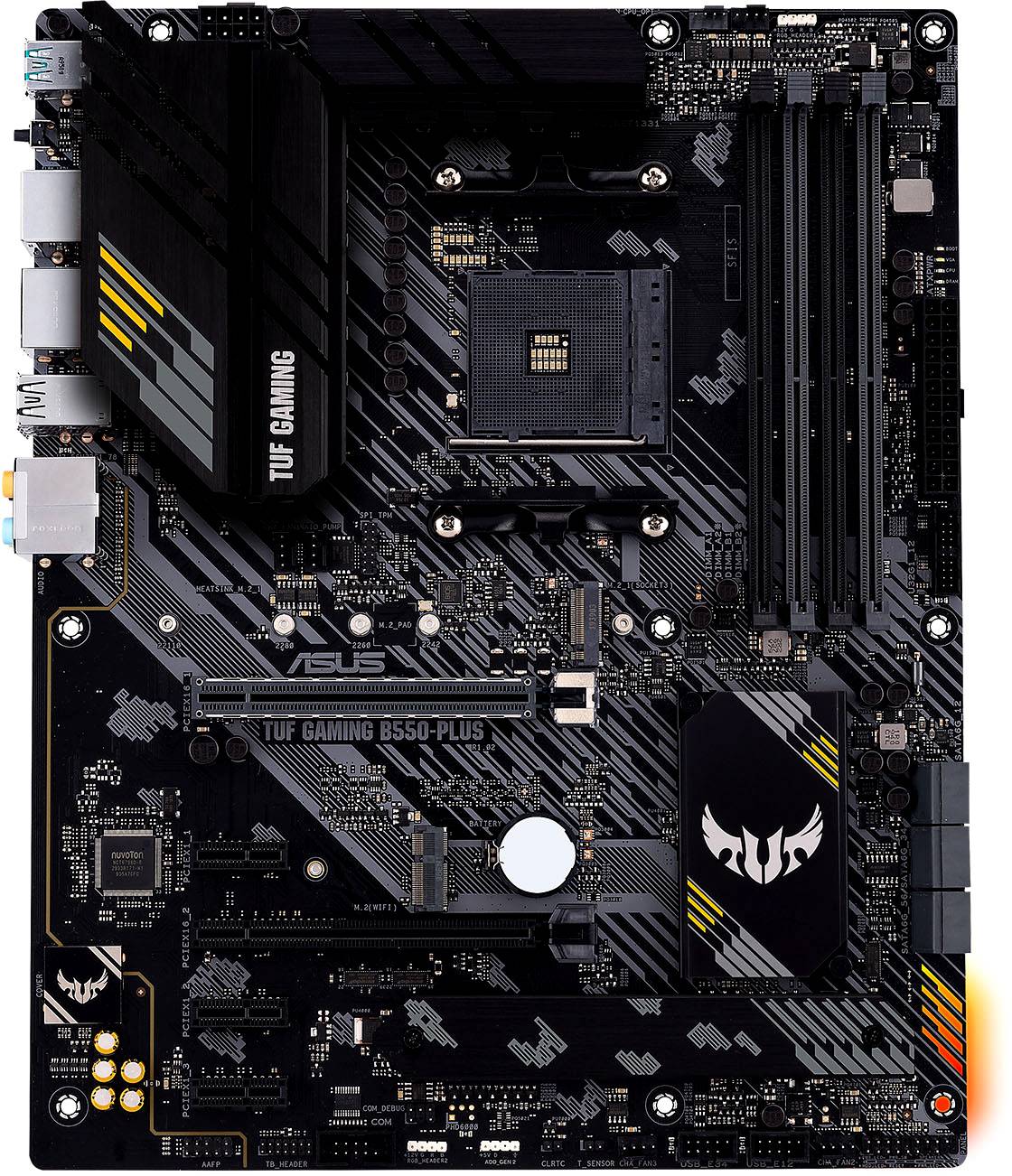 'ASUS TUF GAMING B550-PLUS' Moederbord in het zwart met meerdere uitbreidingssleuven en aansluitingen. Geschikt voor krachtige gaming-pc's.