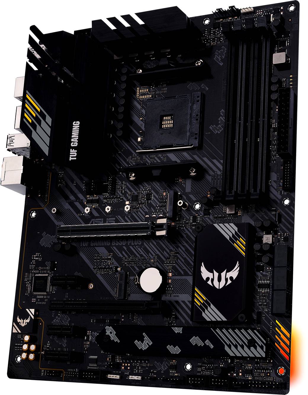 Een zwart computer-moederbord met de aanduiding 'TUF Gaming'. Het heeft meerdere sleuven en aansluitingen voor computercomponenten.