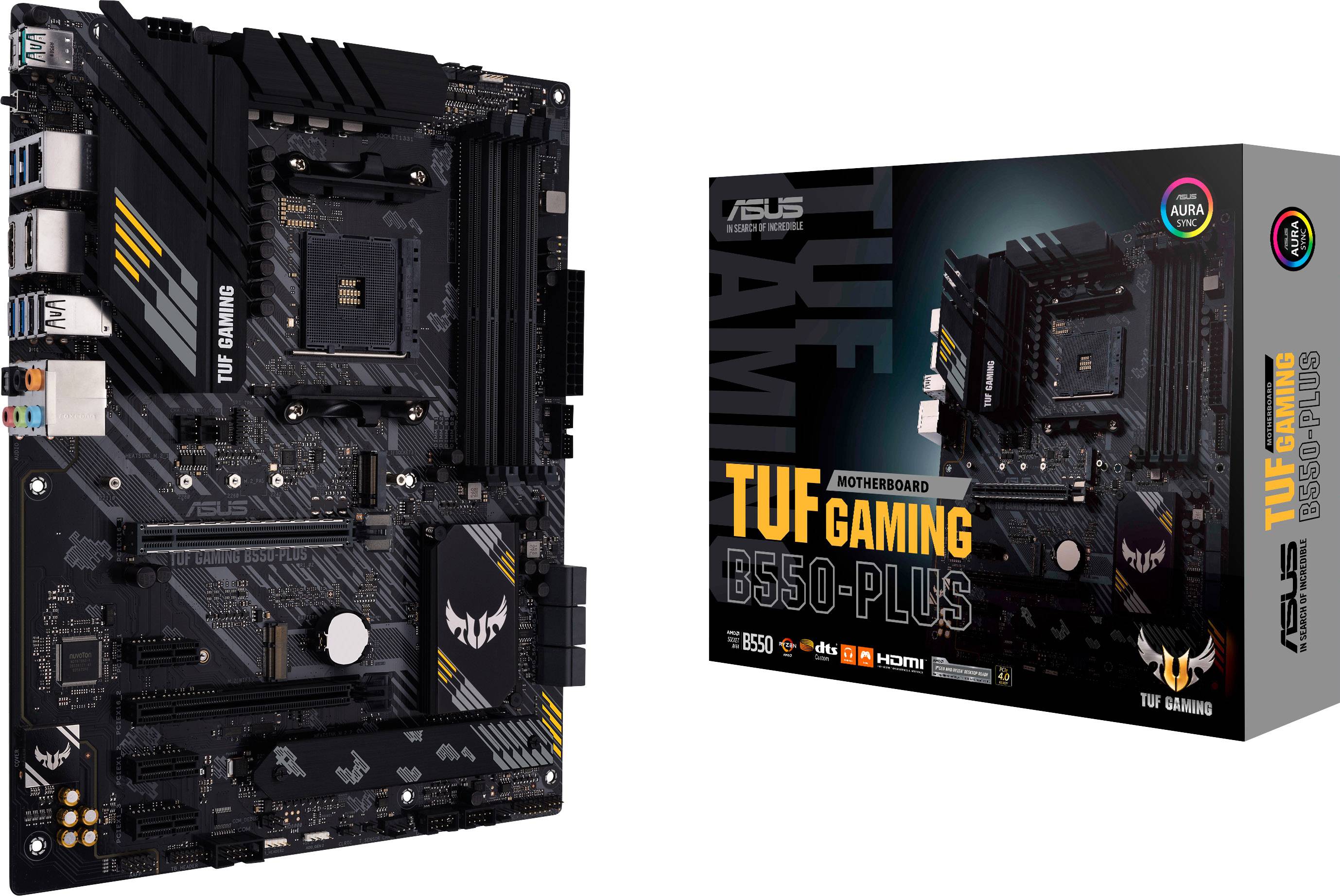 Een gaming-moederbord van het merk ASUS, model TUF Gaming B550-Plus, naast zijn verpakking. Geschikt voor AMD-processors.