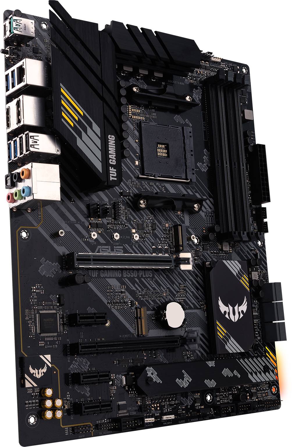 Moederbord voor gaming-computer met meerdere PCIe-sleuven en poorten, aangeduid als 'TUF Gaming B550 Plus', geschikt voor AMD-processors.