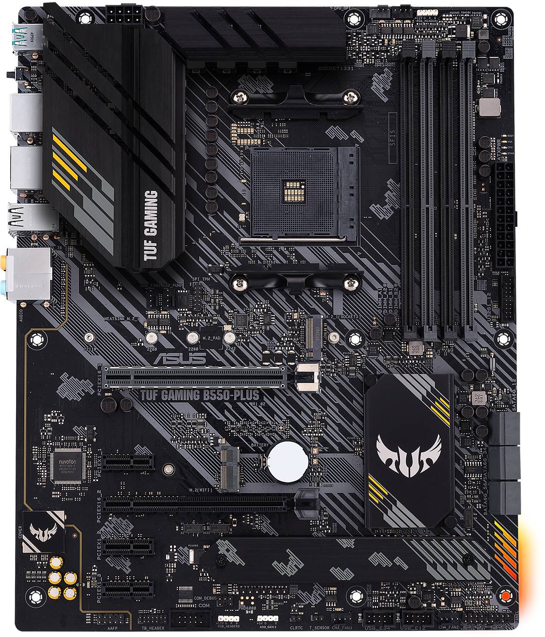 Zwart ASUS TUF Gaming B550-Plus moederbord met meerdere PCIe-sleuven, USB-poorten en een opvallend koellichontwerp.