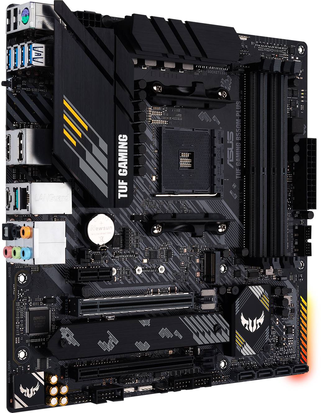Een moederbordmodel met verschillende aansluitingen en sleuven, gekenmerkt door 'TUF Gaming' en 'ASUS'.