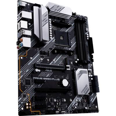 Moederbord ASUS Prime B550-Plus, gedetailleerde close-up van componenten en aansluitingen. Ontworpen voor AMD Ryzen-processors.