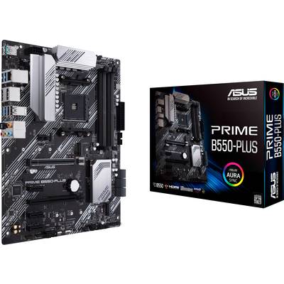 Een ASUS Prime B550-Plus moederbord naast de verpakking. Het is uitgevoerd in zwart en zilver, geschikt voor AMD-processors.