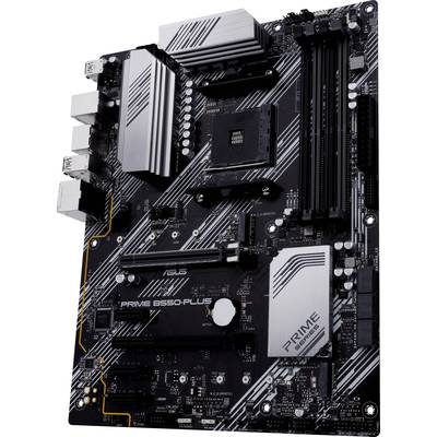Moederbord ASUS Prime B550-Plus met PCIe-sleuven, RAM-slots en heatsinks, geschikt voor AMD-processors.