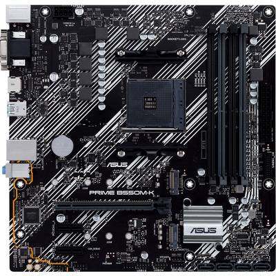 Een moederbord met verschillende aansluitingen, chips en sleuven. Model: 'ASUS PRIME B550M-K'. Geschikt voor computeropbouw.