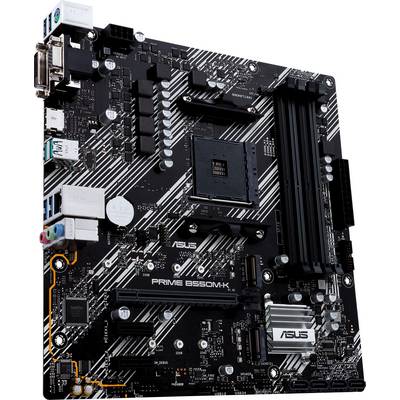 Zwart ASUS Prime B550M-K moederbord met verschillende aansluitingen en uitbreidingssleuven voor CPU, RAM en uitbreidingskaarten.