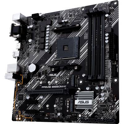 Zwart ASUS Prime B550M-K moederbord met meerdere uitbreidingssleuven en aansluitingen. Geschikt voor AMD-processors.