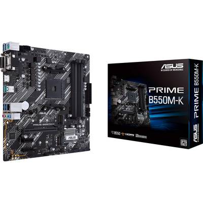 Een ASUS PRIME B550M-K moederbord is afgebeeld, naast zijn verpakking. Beide tonen technische aansluitingen en het productlogo.
