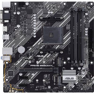 Moederbord ASUS PRIME B550M-K, AM4 Socket, twee RAM-sleuven, meerdere PCIe-sleuven, talrijke USB-aansluitingen aanwezig.