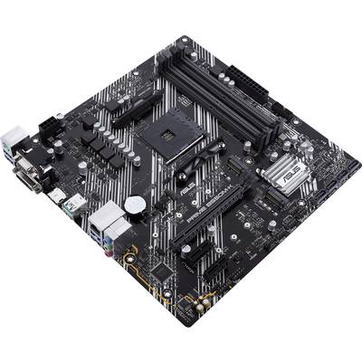 Een zwart-wit computermoederbord met meerdere aansluitingen en uitbreidingssleuven. Opschrift 'PRIME B350M-K'.