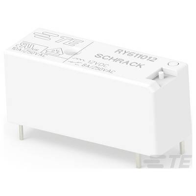 Een wit elektronisch relaiscomponent met het label 'RY611012 SCHRACK 12VDC'. Het beschikt over metalen pinnen voor aansluiting op printplaten en elektrische specificaties.