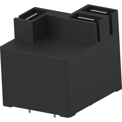 Een zwarte elektrische connector met twee verticale aansluitingen, gemonteerd op een rechthoekige voet.